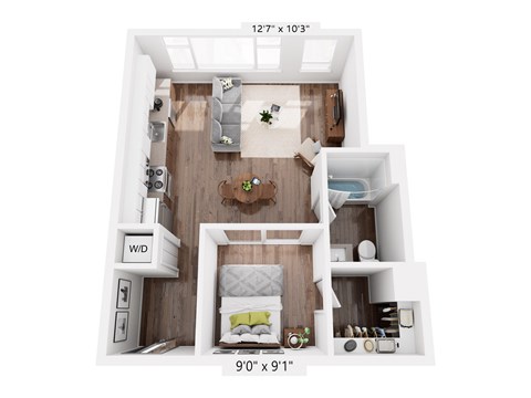 Floor plan for 1 bed, 1 bath, 687 sqft